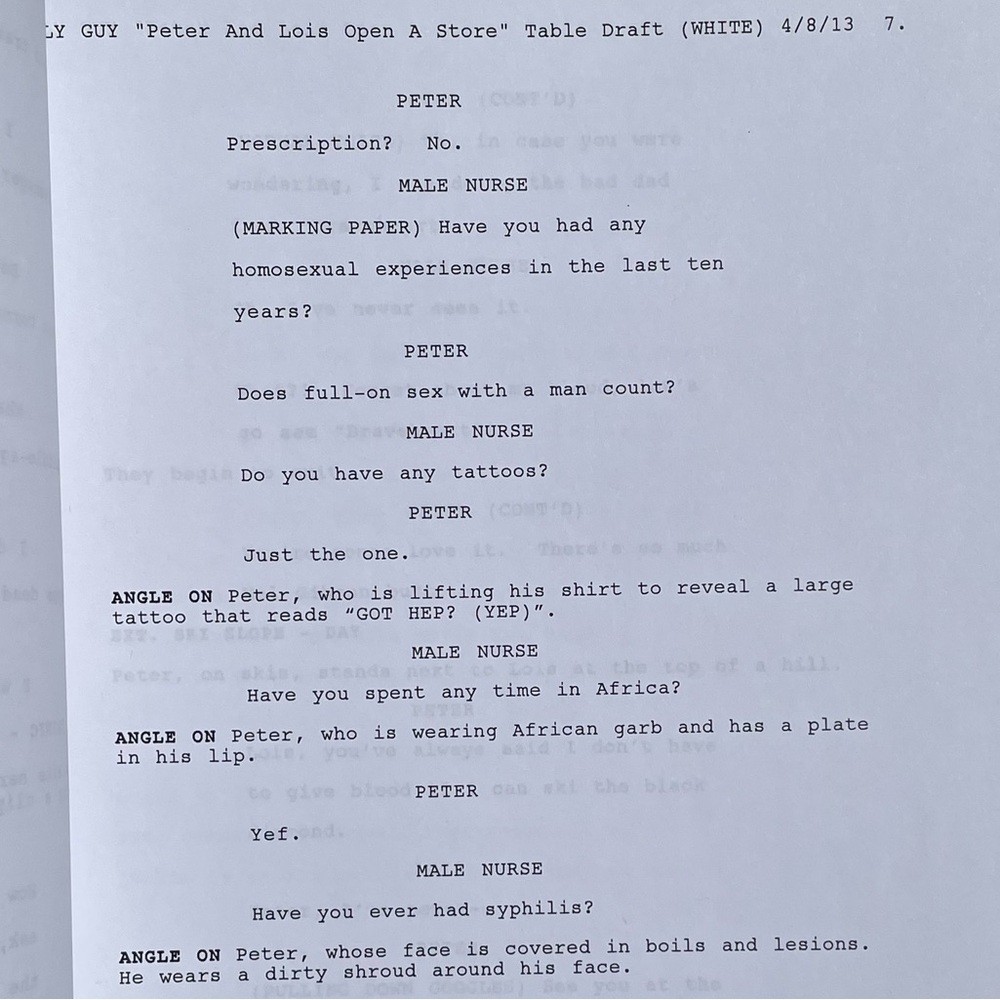Family Guy 2013 Peter Lois Open A Store aka Baking Bad Used Table Draft Script