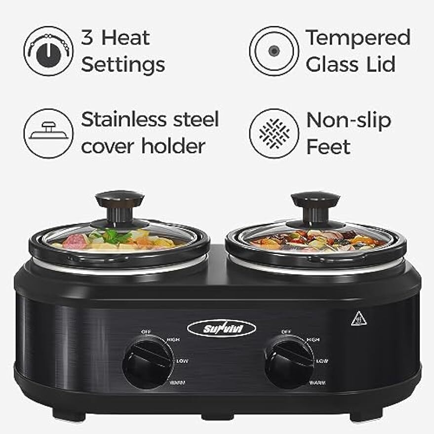 Double Slow Cooker 2 Pot Mini Crock Buffet Server & Warmer Removable Ceramic Pot