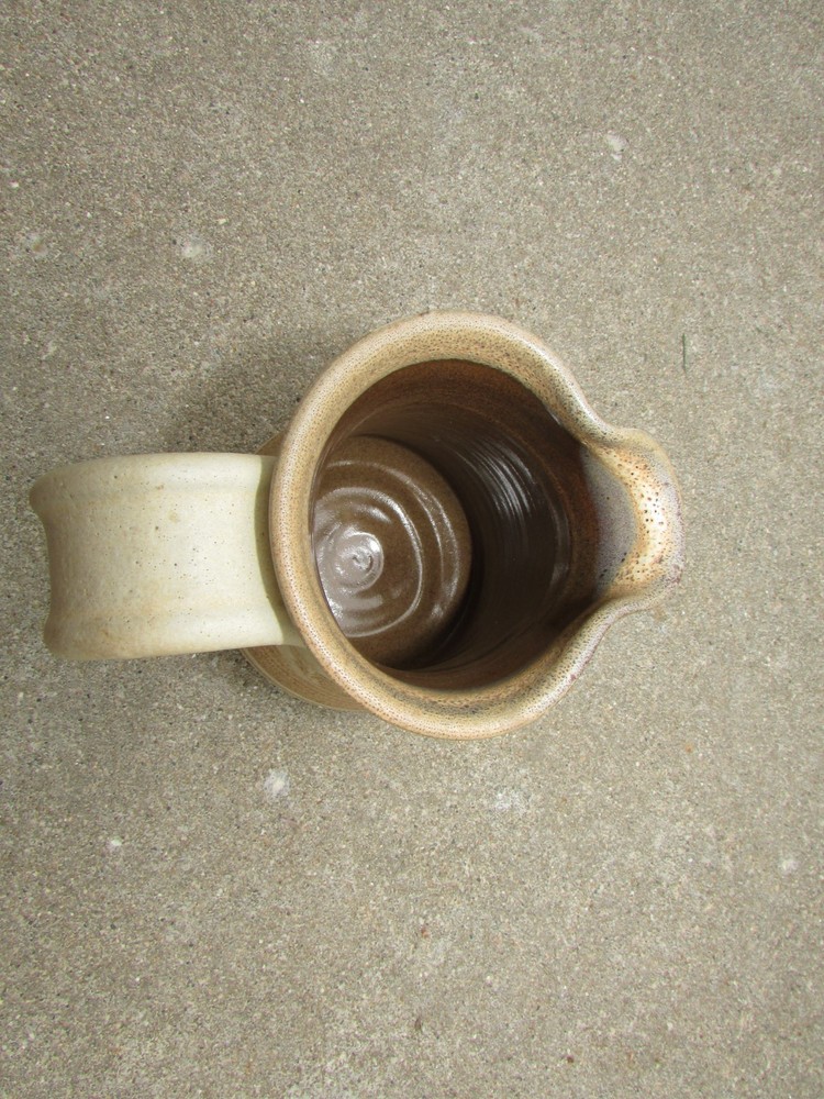 Handmade Beige Brown Striped Leaf Pottery Small Pitcher Handle 4" Tall NICE!