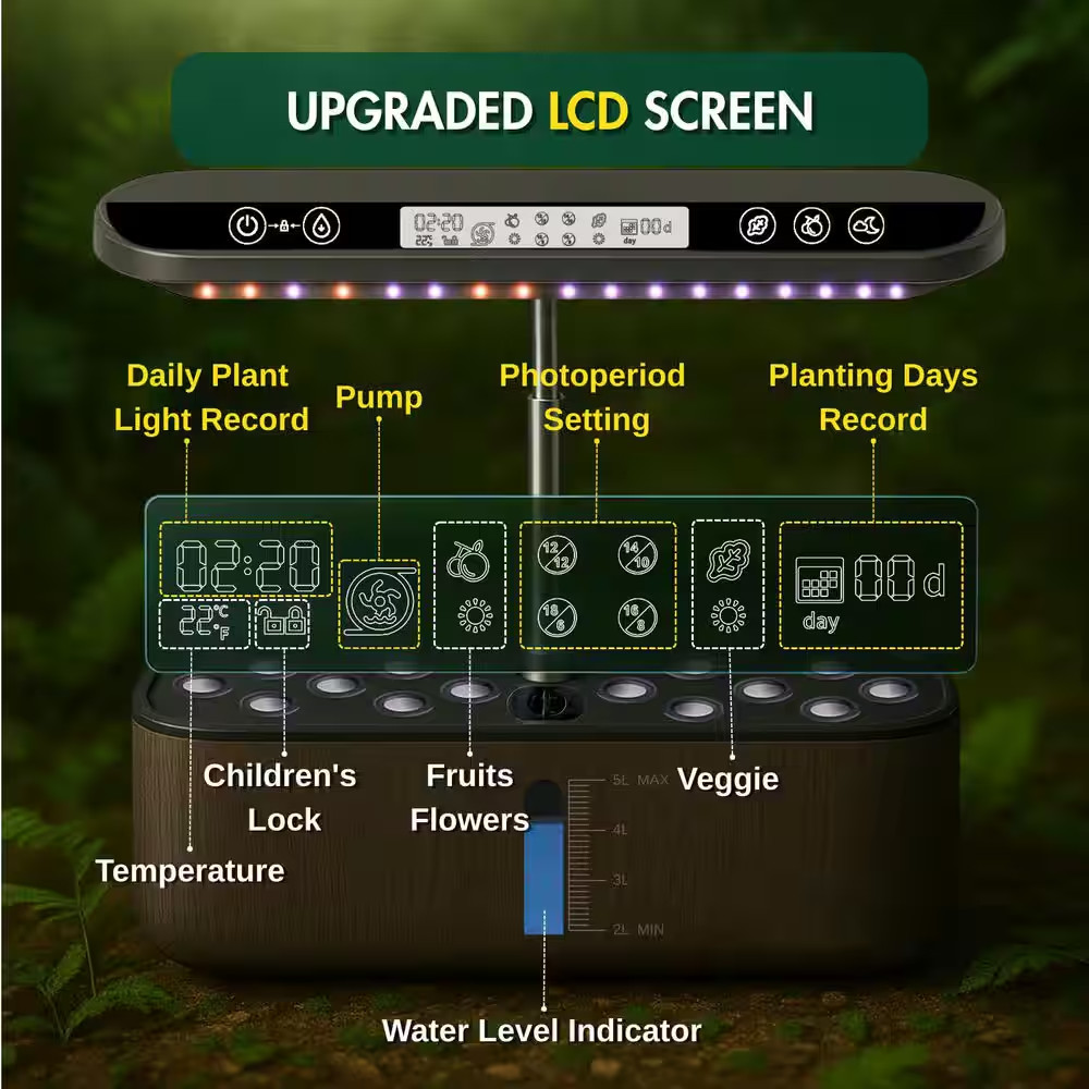 14-Pod Hydroponic Growing System W/Led Grow Light, LCD Display, Smart Timer, Wat