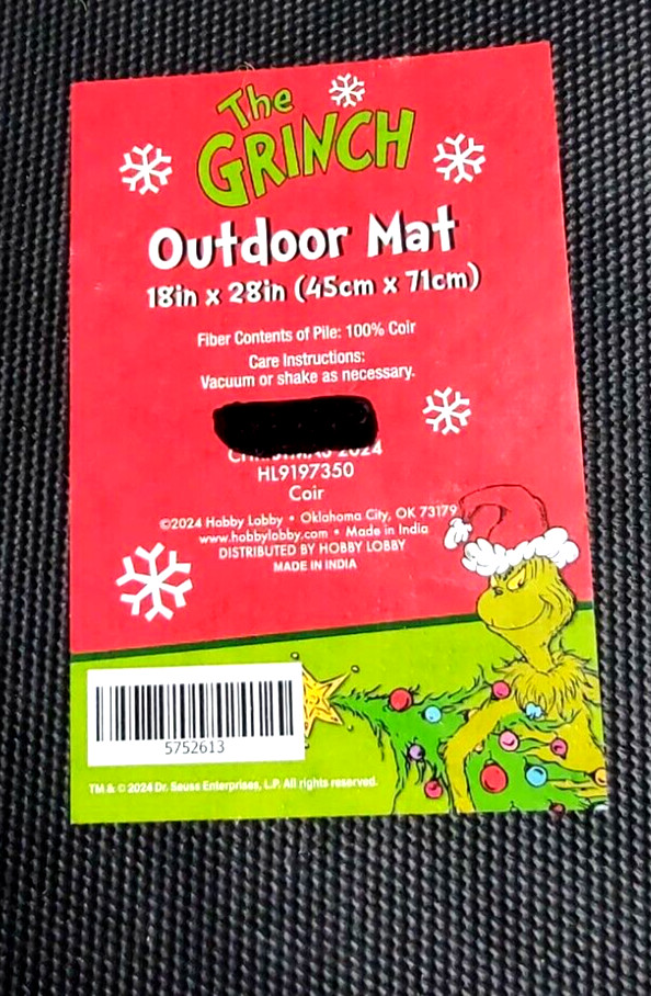 Christmas The Grinch 18"x28" Coir "Merry Grinch Mas In/Out Door Mat New