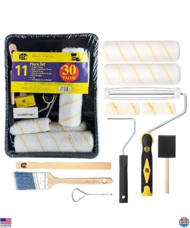 Bates 11-Piece Paint Tray Set - Complete Kit with Rollers, Brushes & Foam Brush