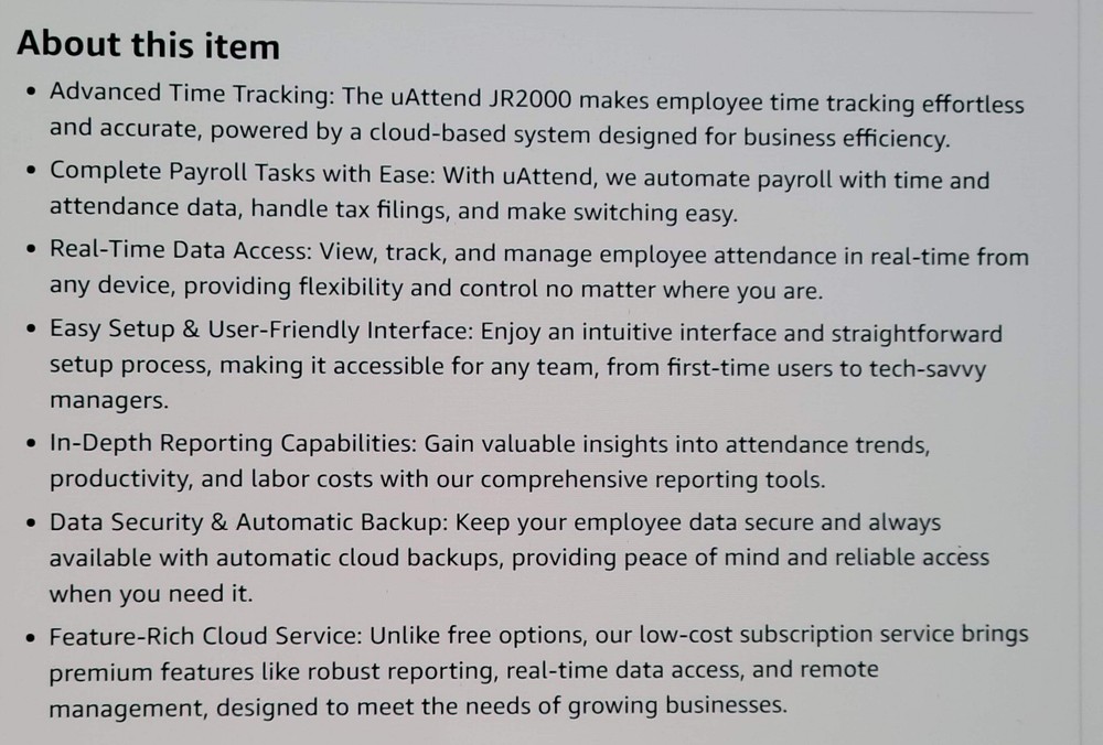 uAttend JR2000 Cloud Biometric Time Clock System