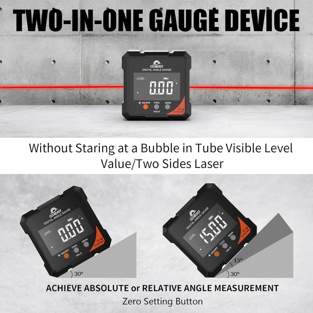 Precision Magnetic Digital Angle Finder with Laser - Rechargeable, Compact Tool