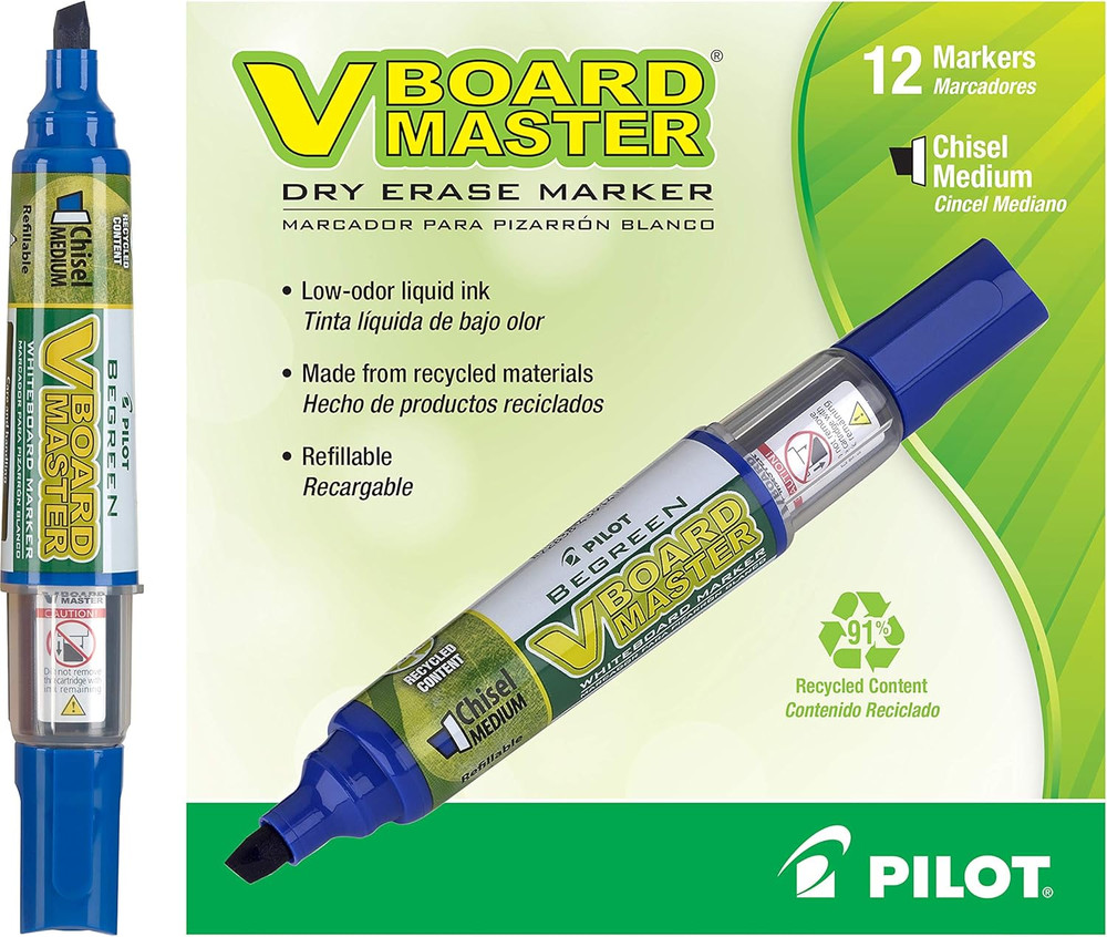 PILOT V Board Master Begreen Refillable White Board Markers, Chisel Tip, Blue In