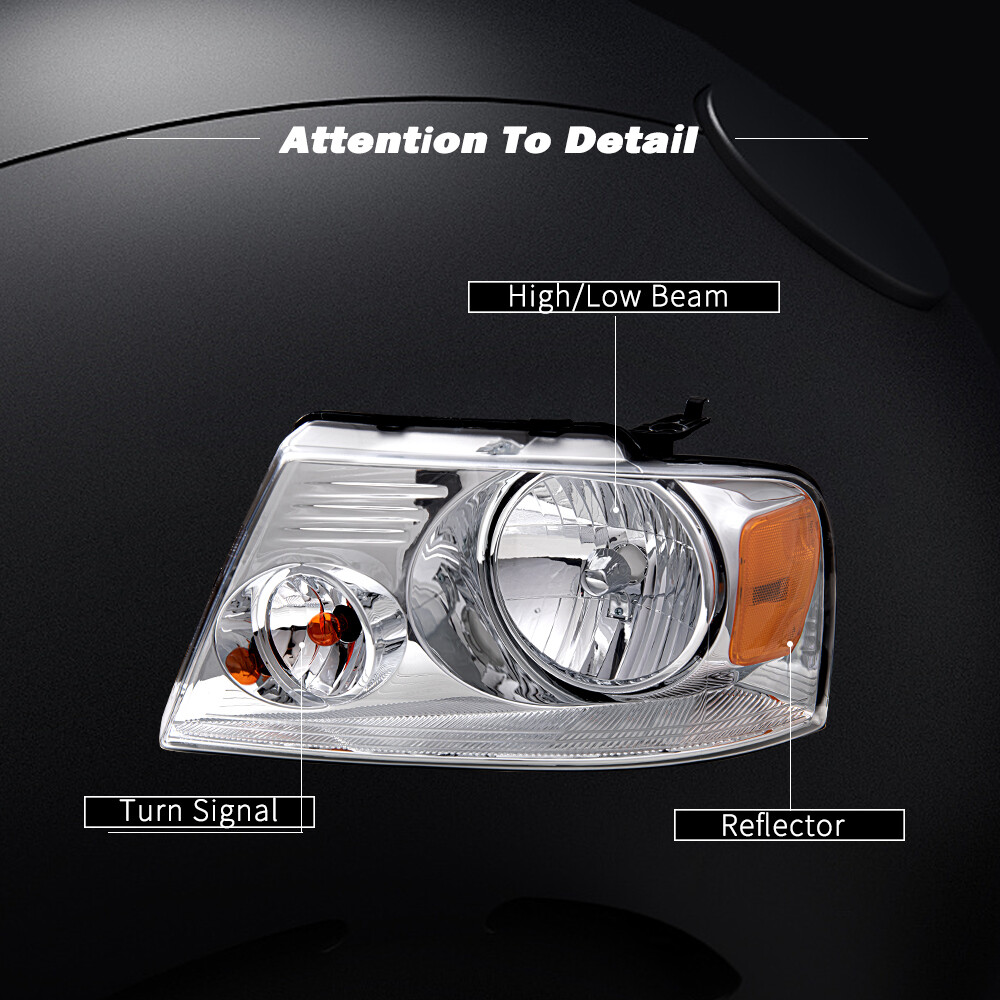 Fit For 2004-2008 Ford F150 F-150 Chrome Amber Headlights Assembly Headlamps Set