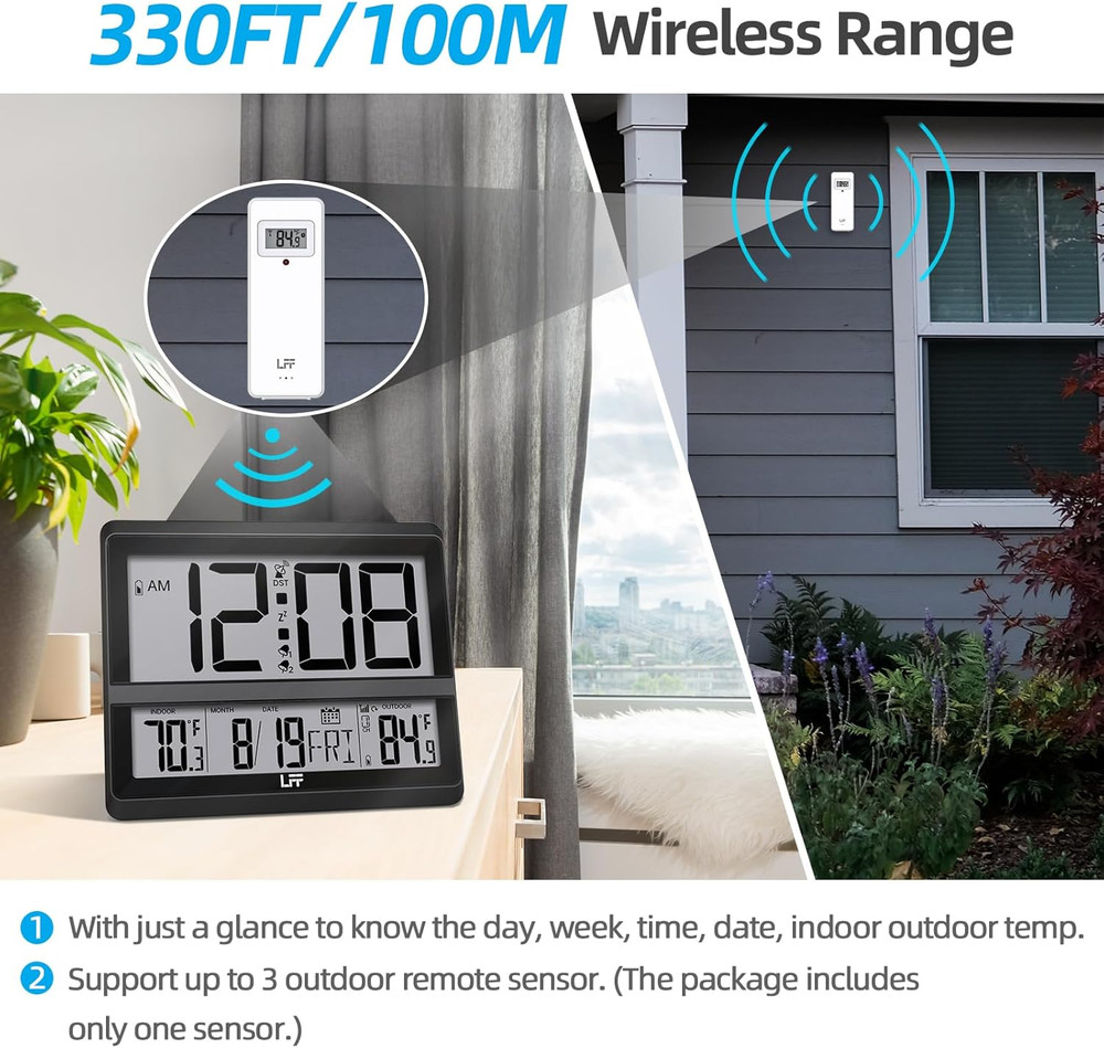 Atomic Clock Large Display, Digital Wall Clock with Indoor Outdoor Temperature a