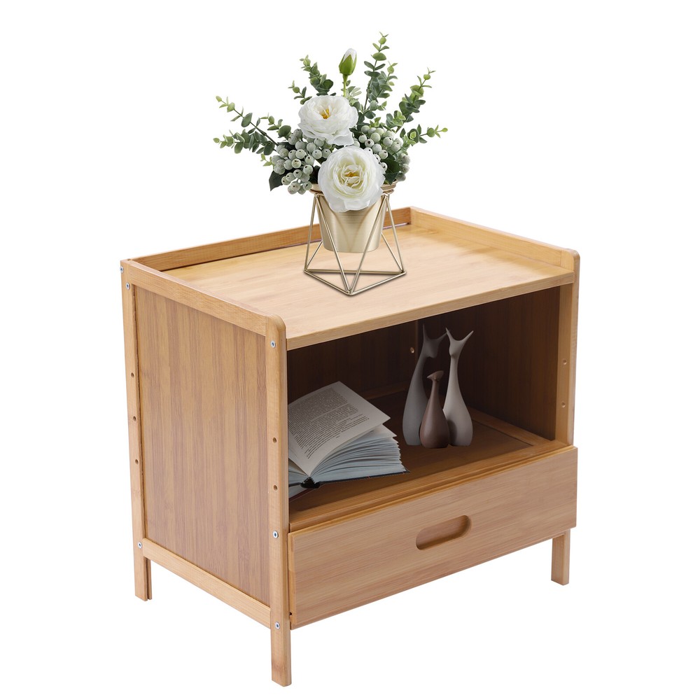 Modern Bamboo End Table with Drawer - Versatile Bedroom Side Table