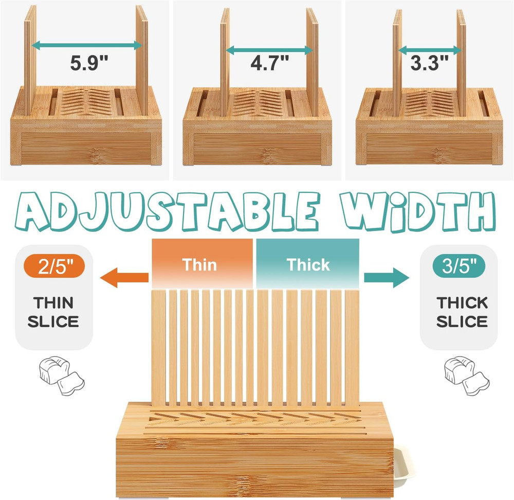 Bamboo Bread Slicer, Adjustable Width Bread Slicer for Homemade Bread, Crumb Cat