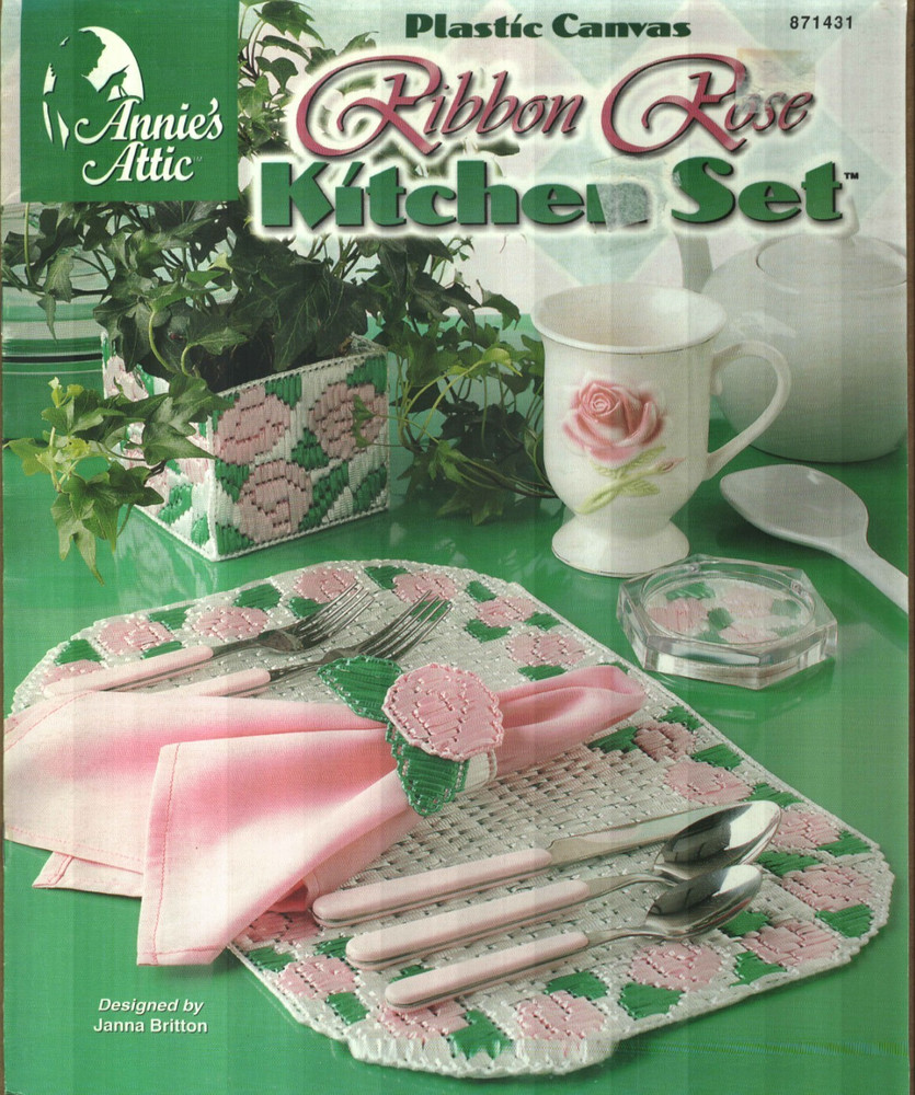 USED RIBBON ROSE KITCHEN SET COASTERS & MORE ANNIE'S PLASTIC CANVAS PATTERN BOOK