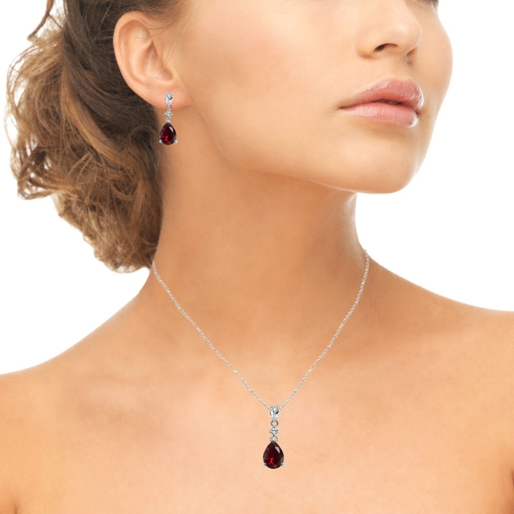 Pear-Cut Created Ruby & White Topaz Sterling Silver Stud Earrings & Necklace Set