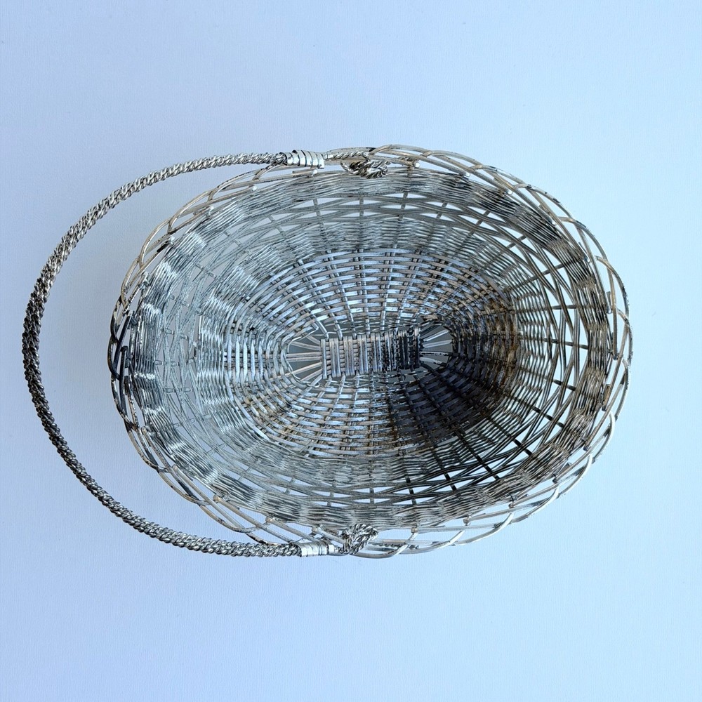 Vintage Wire Metal Basket Silver Small With Handle Easter