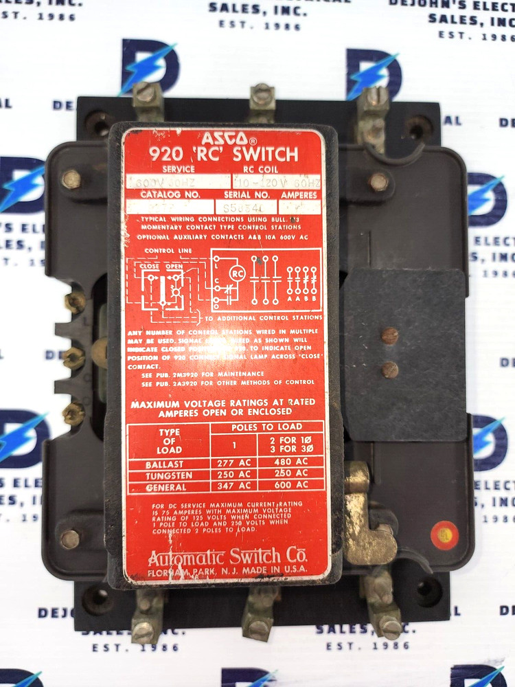 ASCO 927P RC SWITCH 75 AMPS