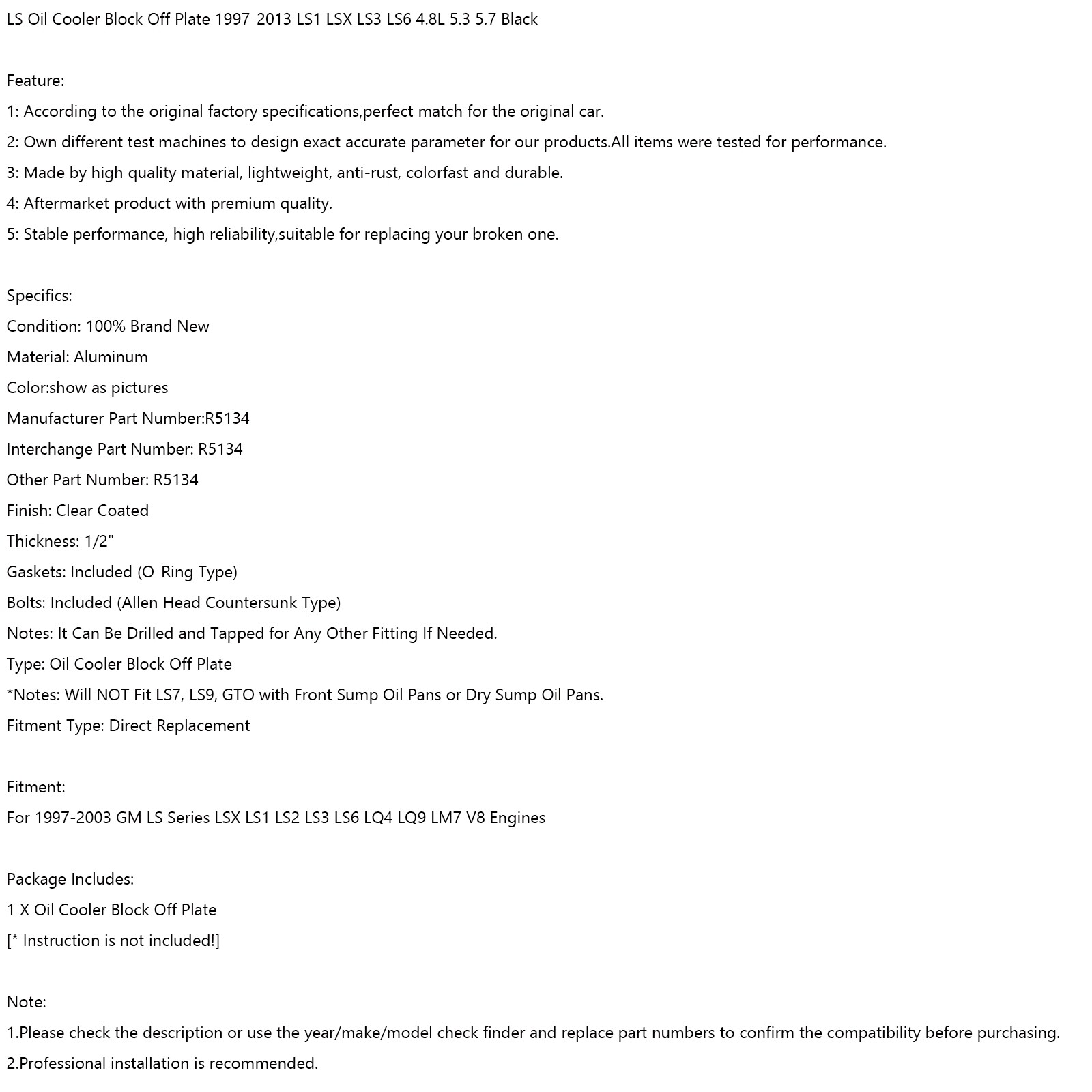 LS Oil Cooler Block Off Plate For GM LS Series LSX LS1 LS2 LS3 LS6 LQ4 V8 97-23