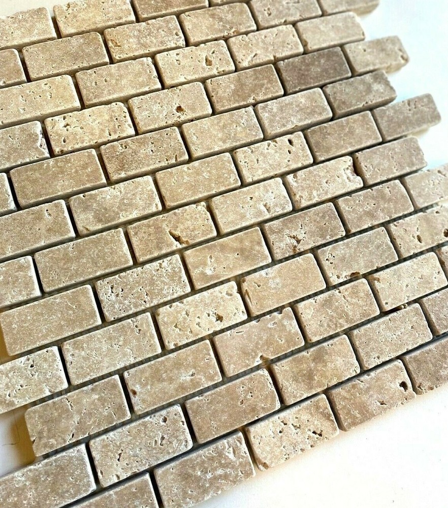 1X2 Walnut Tumbled Rounded Edge Travertine Mosaic Tile Backsplash (1 sqft)