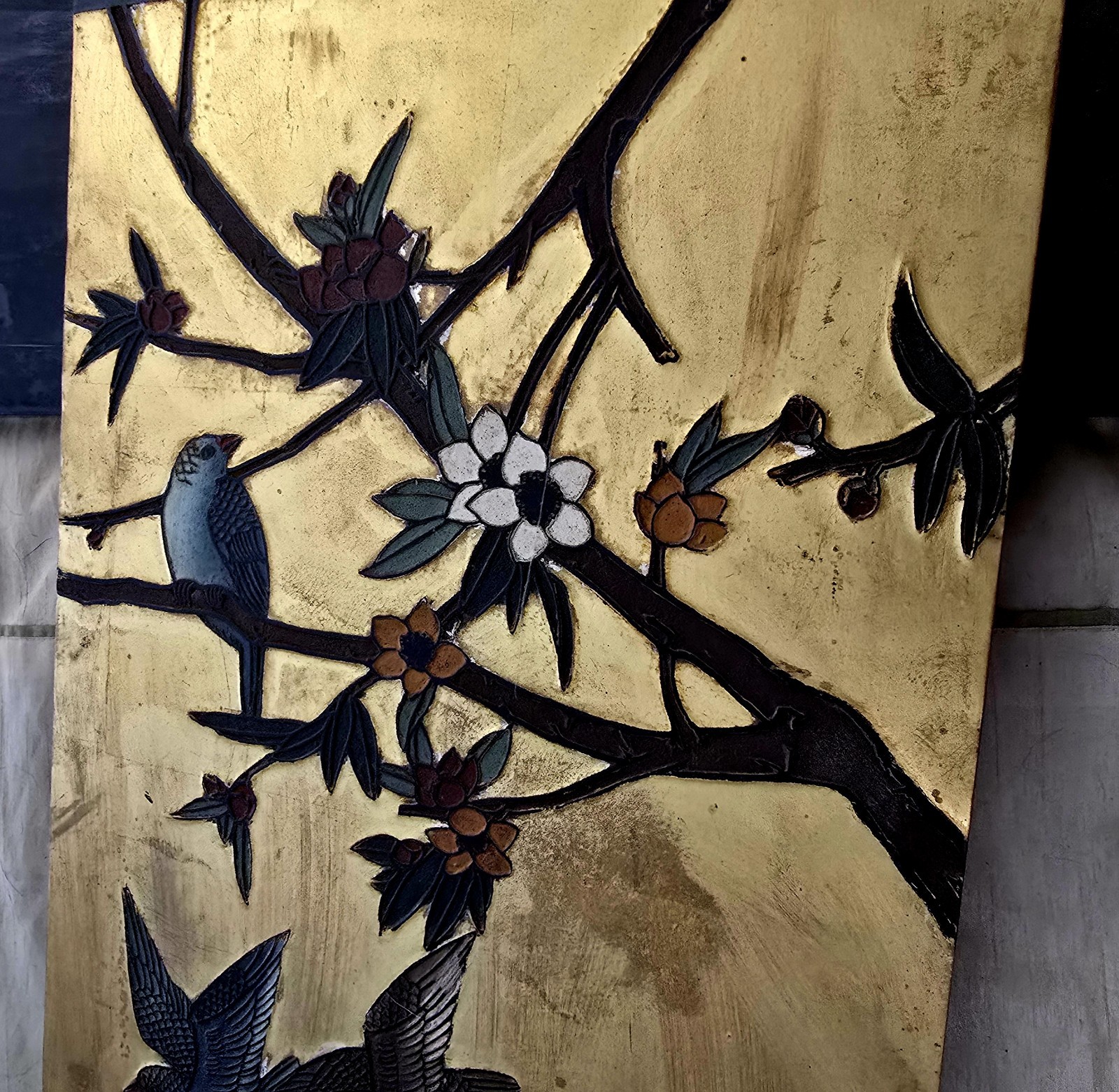 Vtg Gold Coromandel Asian 4 Panels Wall Decor with Bird & Flower Motif