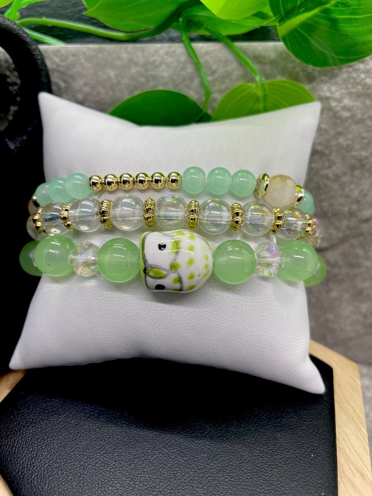 3 PC Handmade Boho Beaded Stackable 6.5” Plus Stretch Bracelet Set New B1319