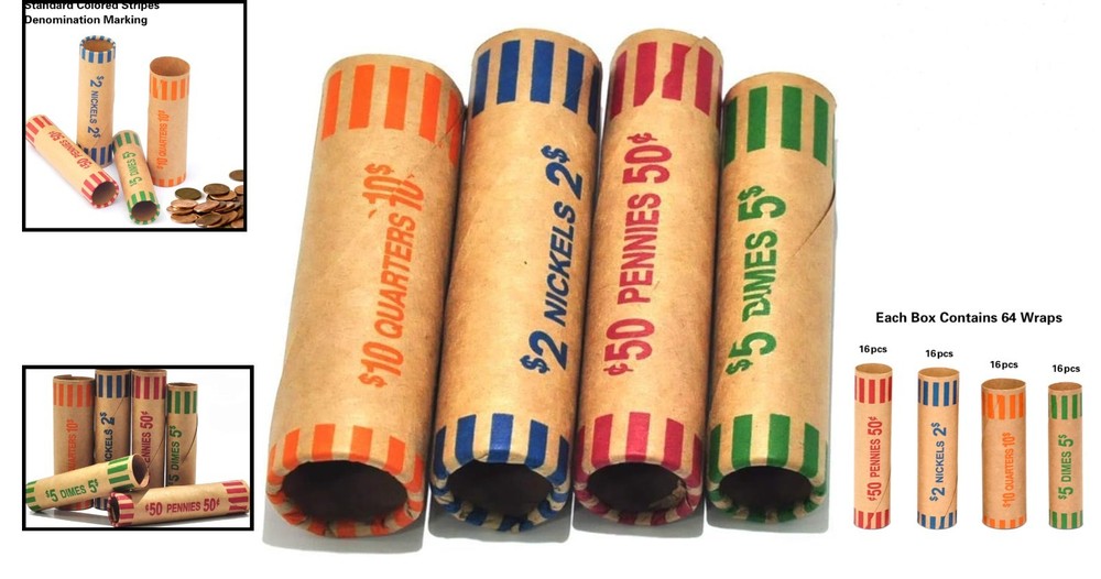 Convenient 64 Assorted Coin Storage Rolls - Safe for Counting & Organizing Coins