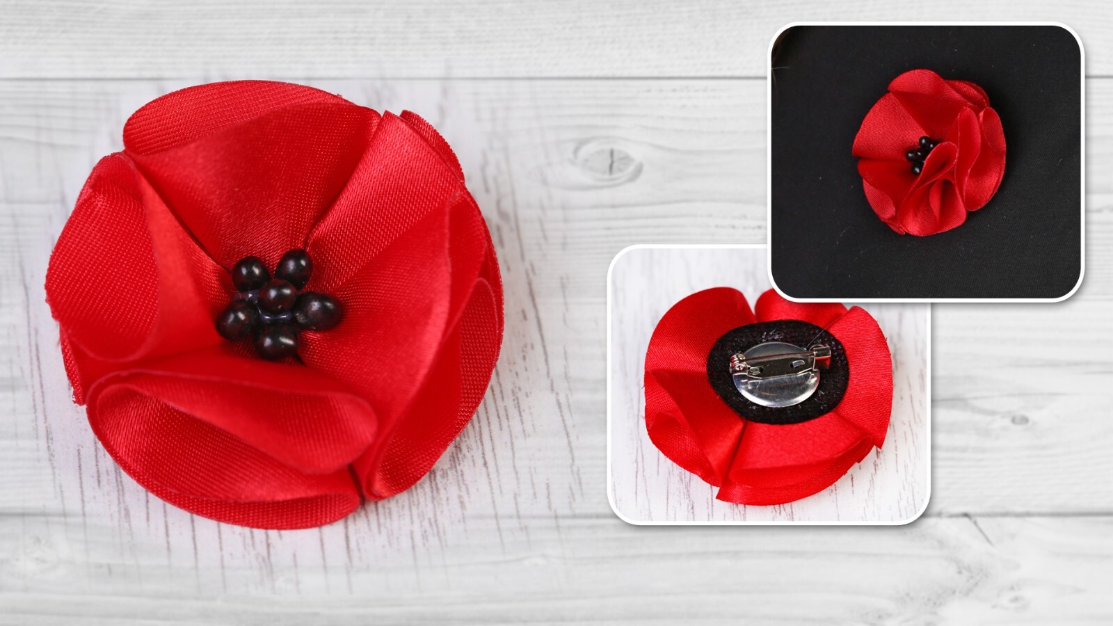 Pin Back Badge Brooch - Silk Flower Red Poppy Memorial Remembrance Veteran's Day