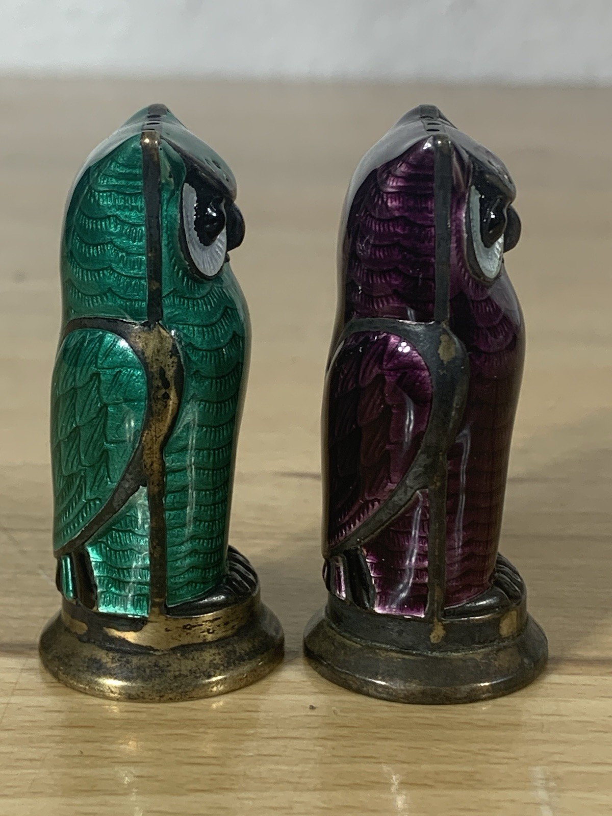 Rare David Andersen Norway 925 Sterling Guilloche Enamel Owl Salt Pepper Shakers