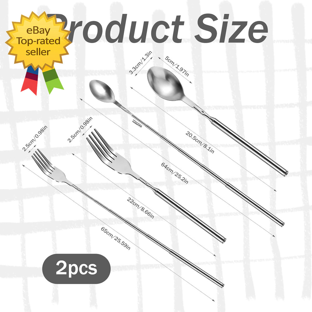 2 Pcs Extendable Fork and Spoon Set Adjustable Telescopic StainlessSteel BBQTool