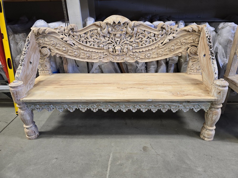 Reclaimed solid wood bench with floral carving design