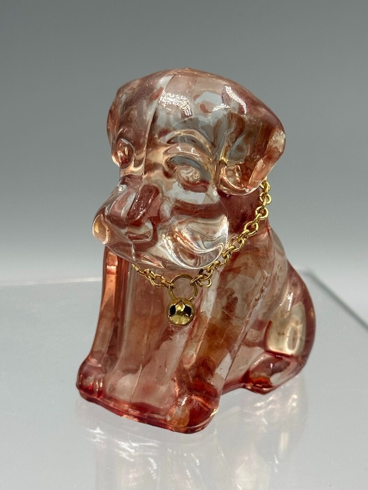 Vintage Figural DOG & Collar Glass CANDY CONTAINER Flashed Pink A&E 183