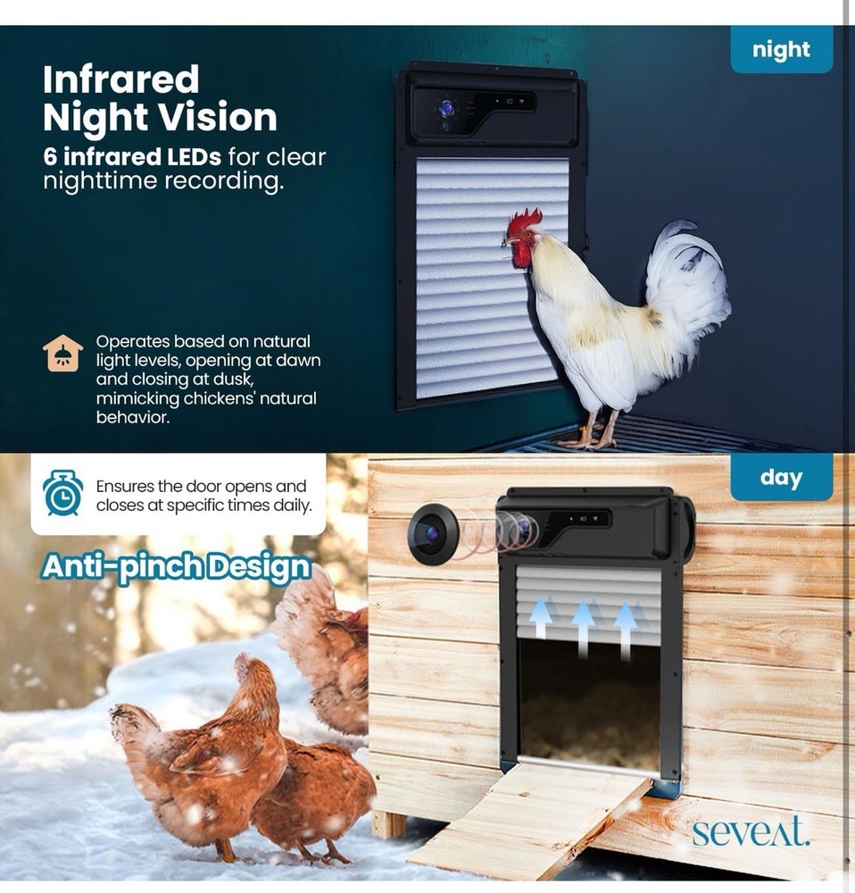 Automatic Chicken Coop Door HD Camera, Solar Powered 5000mAh Battery Remote