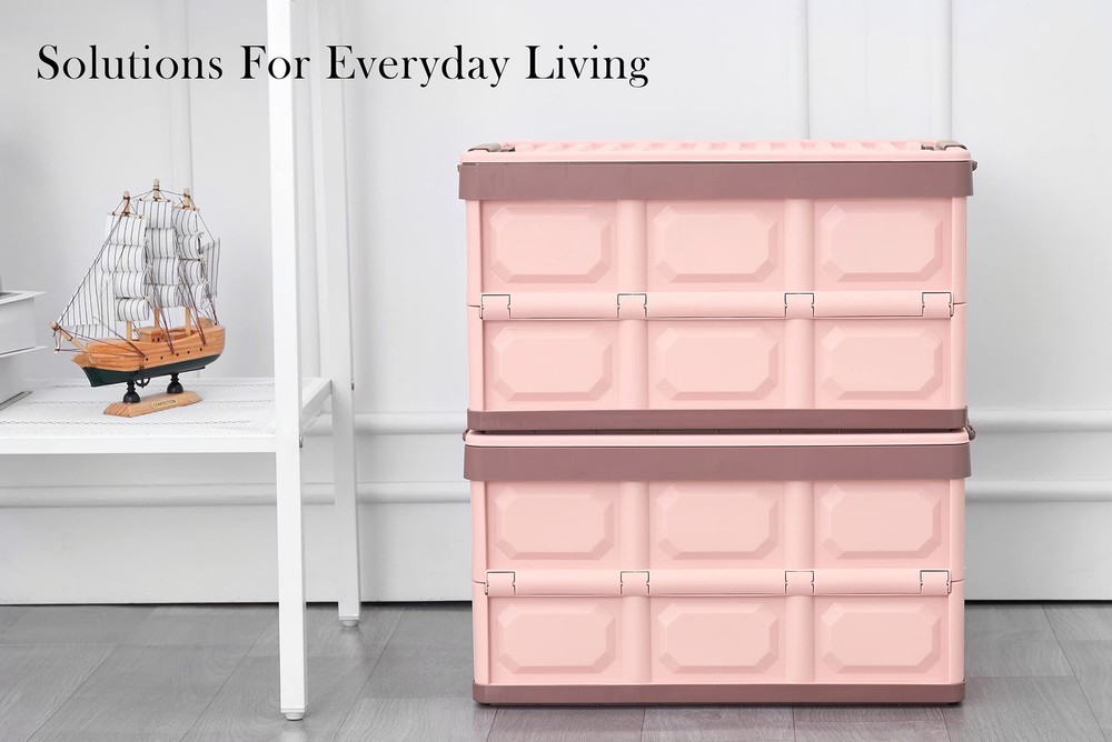 Pink Collapsible Storage Bins with Lids 2-Pack, Folding Plastic Stackable Uti...