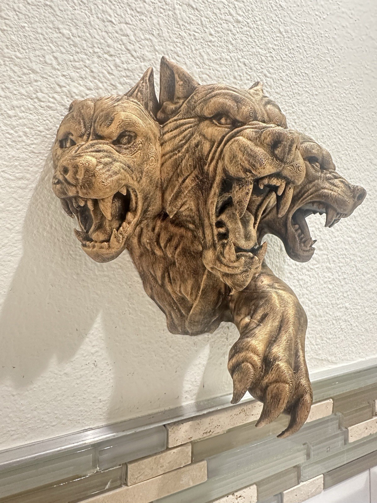 Cerberus Wall Sculpture 3d Mythical Hellhound Decor - Three Headed Dog Mount 9”