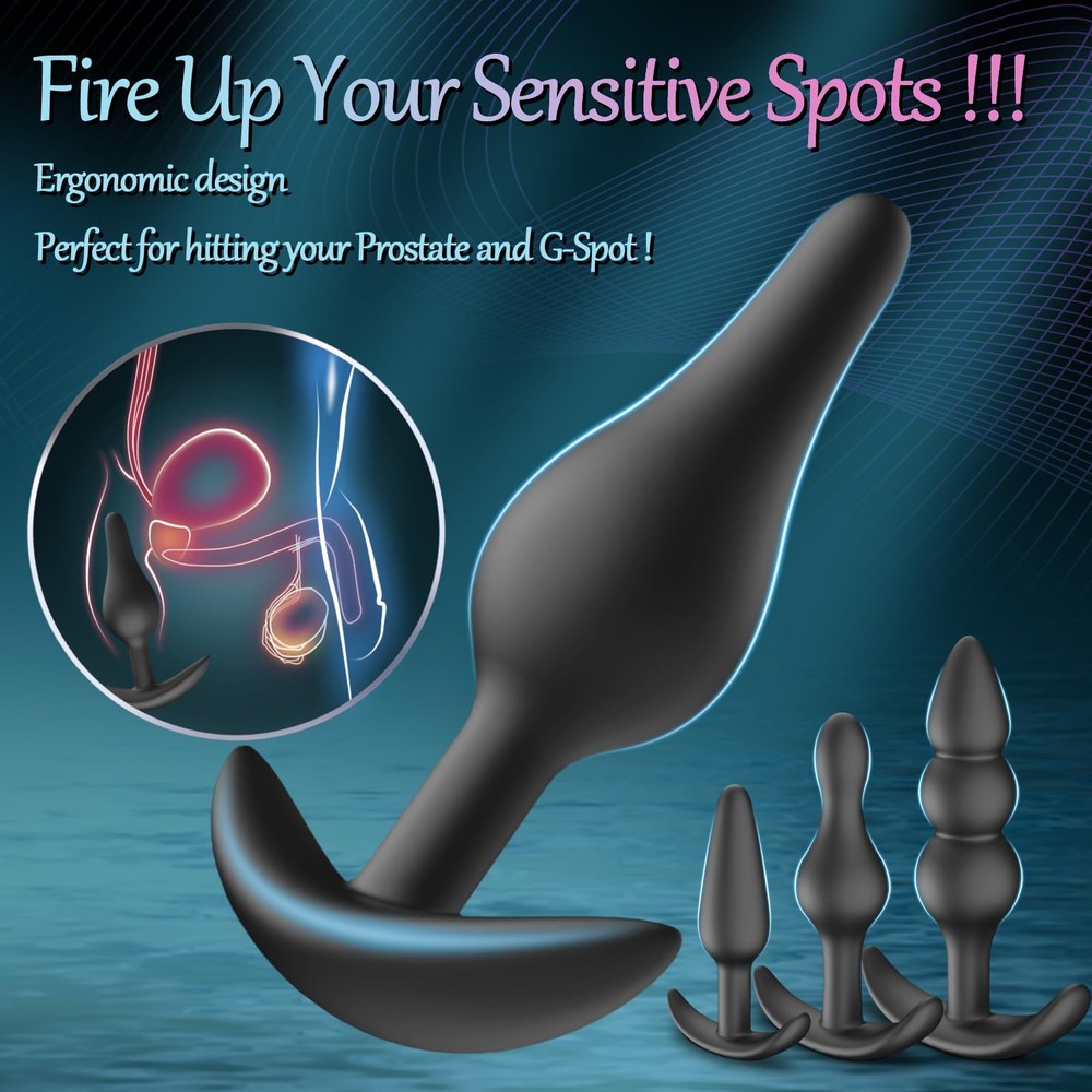 4PCS Silicone Anal Butt Plug Set, Beginner to Advanced, Trainer Kit with Flar...