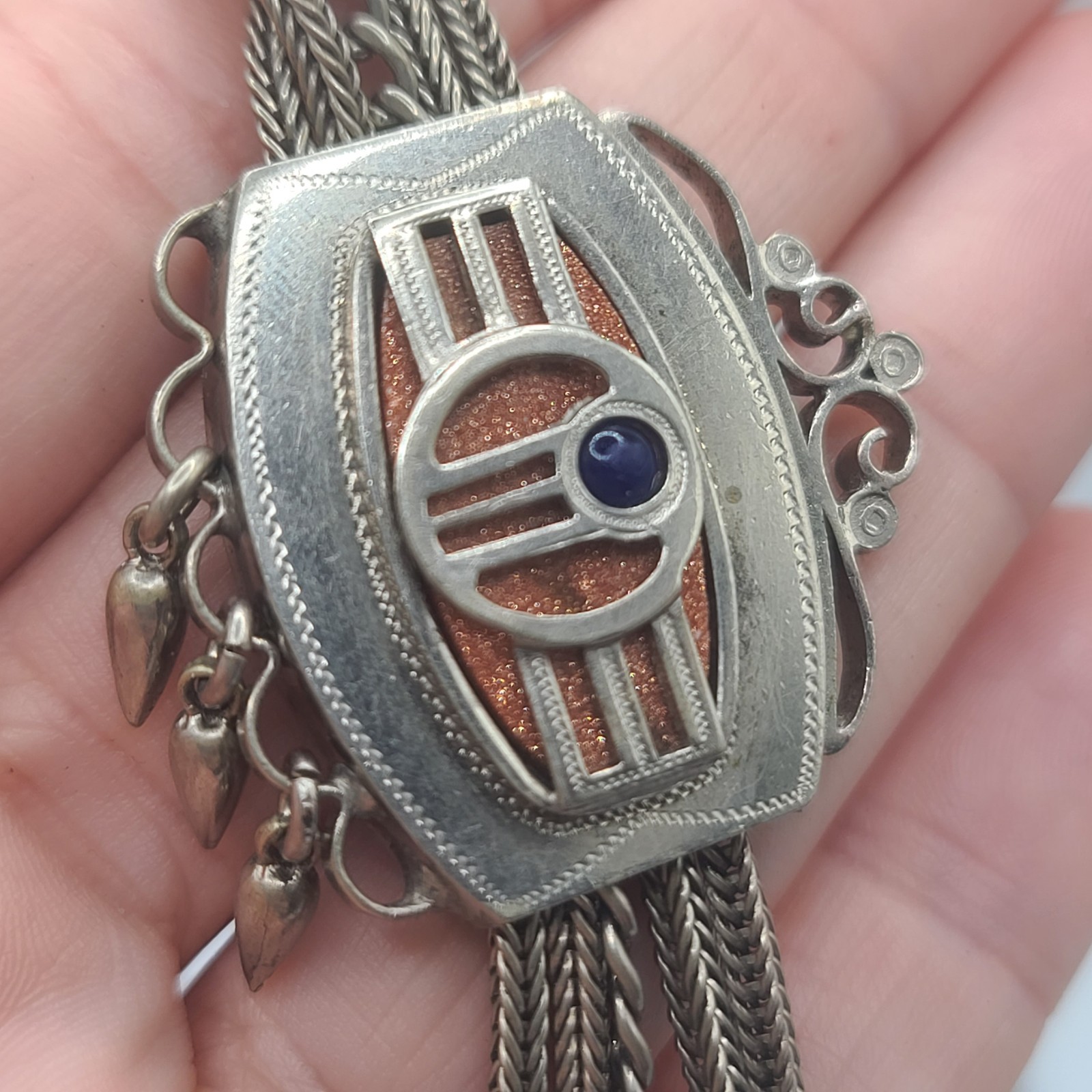 Vintage Slider Watch Chain Fob Gold Stone Fringe Silver Tone HEAVY NICE