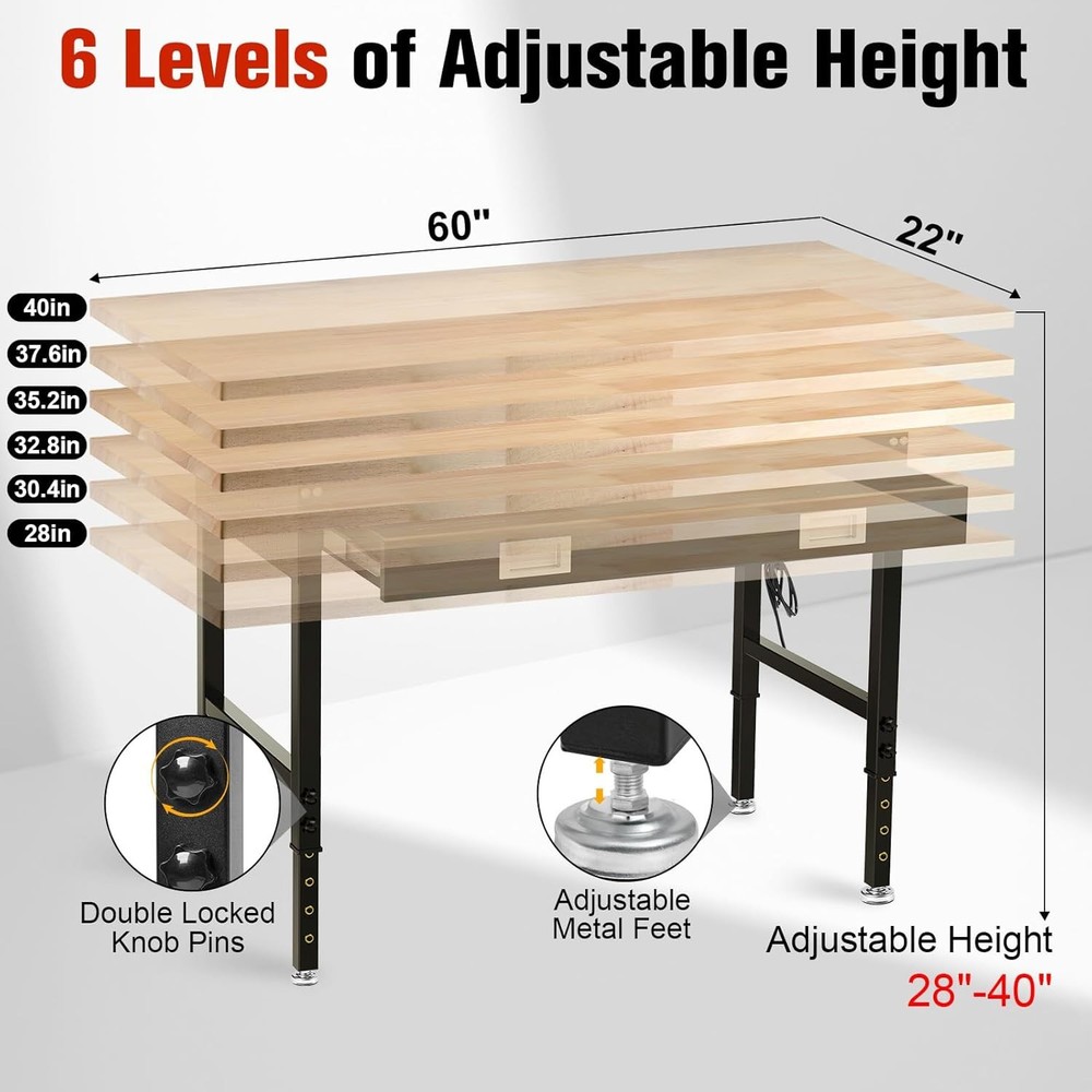 60" Workbench with Drawers, Work Benches for Garage with Strip Light, Adjustable
