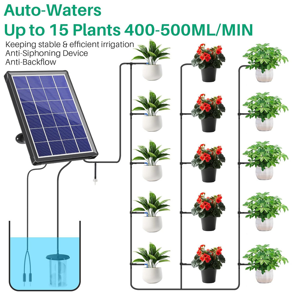 4W Solar Automatic Drip Irrigation Kit with LCD Timer, Customizable Watering Dur