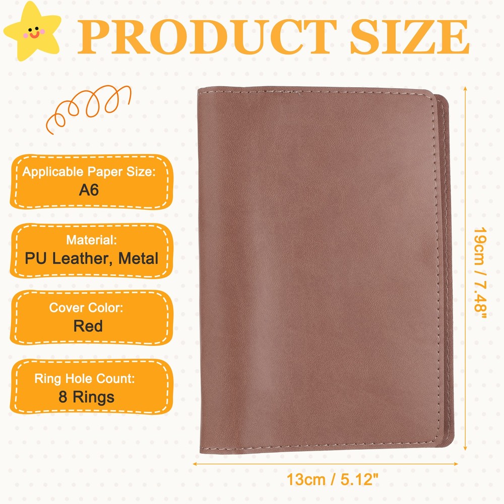 A6 PU Leather Binder Protector, 6 Ring Loose Leaf Notebook Protector, Red