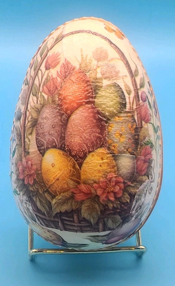 2 Hand Painted Decoupage Paper Mache Easter Egg Container Boxes Victorian Style