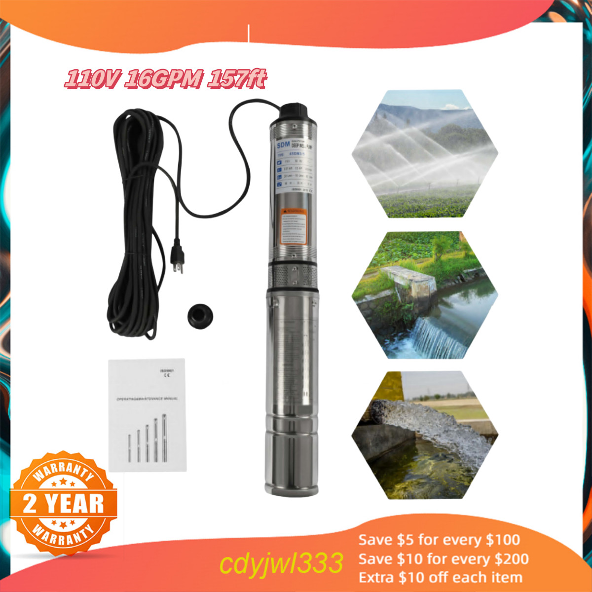 110v Submersible Deep Well Water Pump Stainless Steel 0.5HP 110V 16GPM 157ft