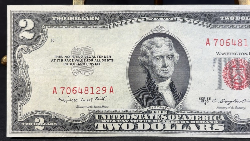 1953 B $2 Red Seal U.S. Banknote Misaligned Border Error