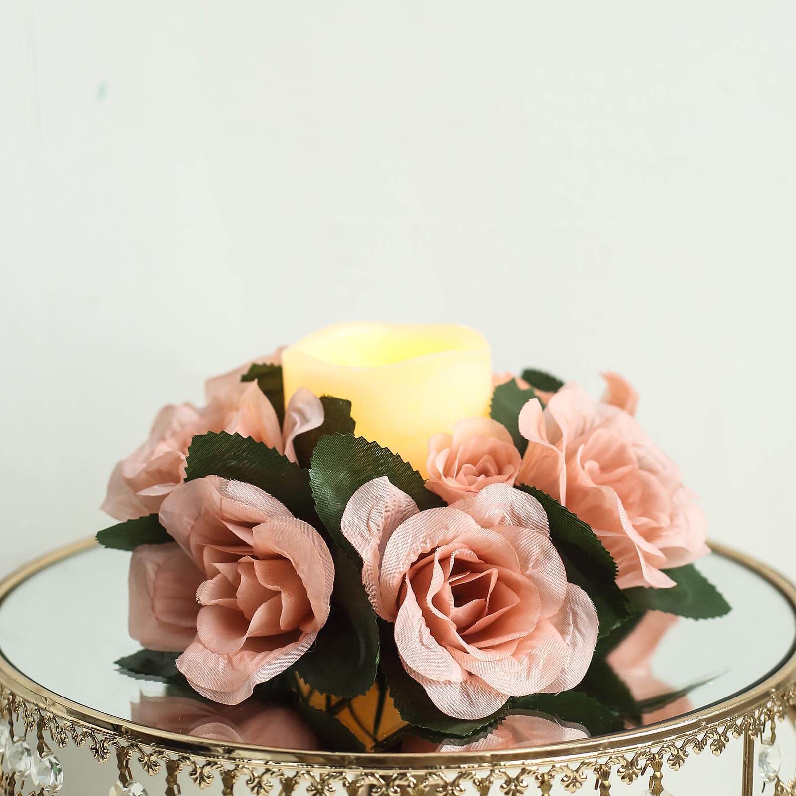 4 Dusty Rose CANDLE RINGS with SILK ROSES Wedding Flowers for Centerpieces SALE