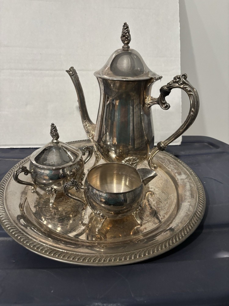 Silverplate Victorian Style Coffee Tea Set Ornate Design with Tray 4 Pieces