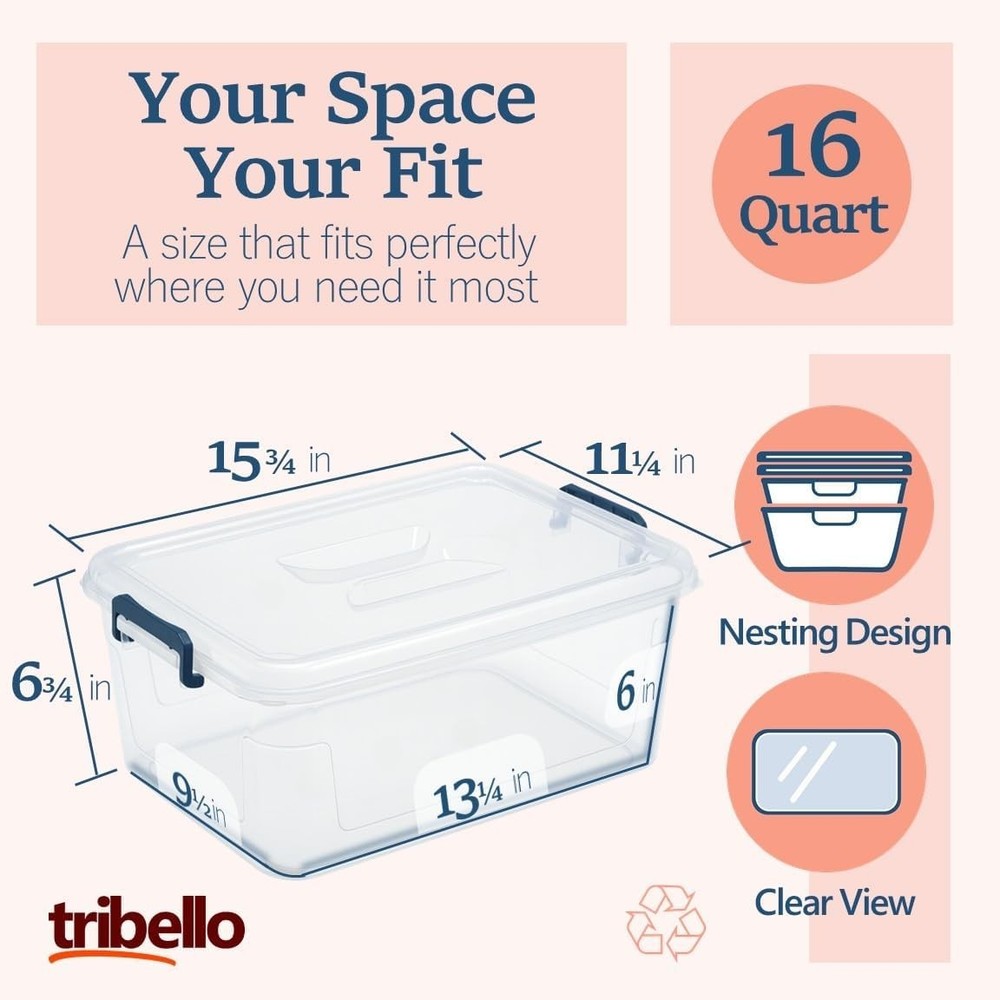 Durable 16 Quart Plastic Storage Bins with Lids - Space-Saving Design - 2 Pack