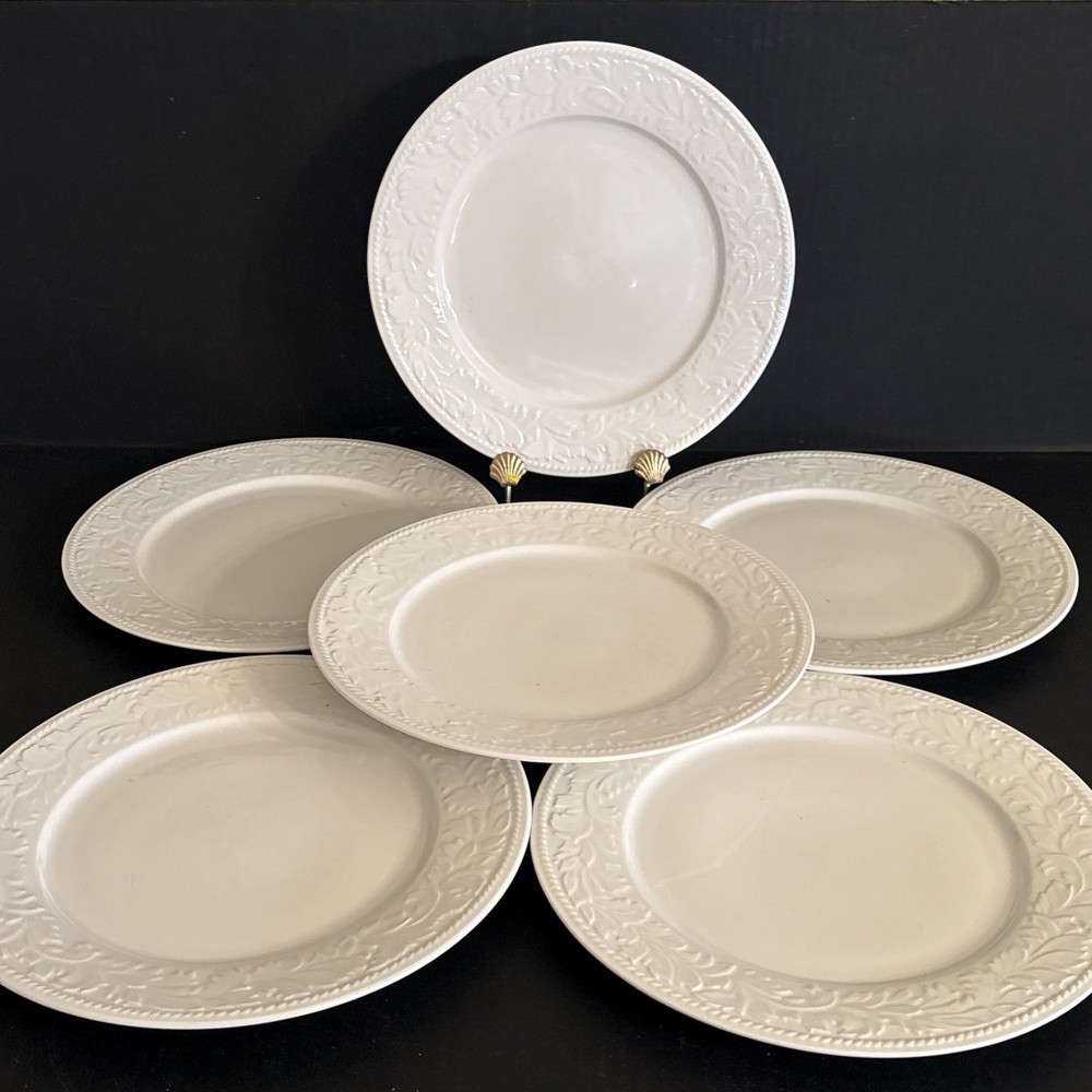 SANGO STONEWARE GARLAND 8837 EMBOSSSED LEAF PATTERN WHITE 6 DINNER PLATES 10.5"