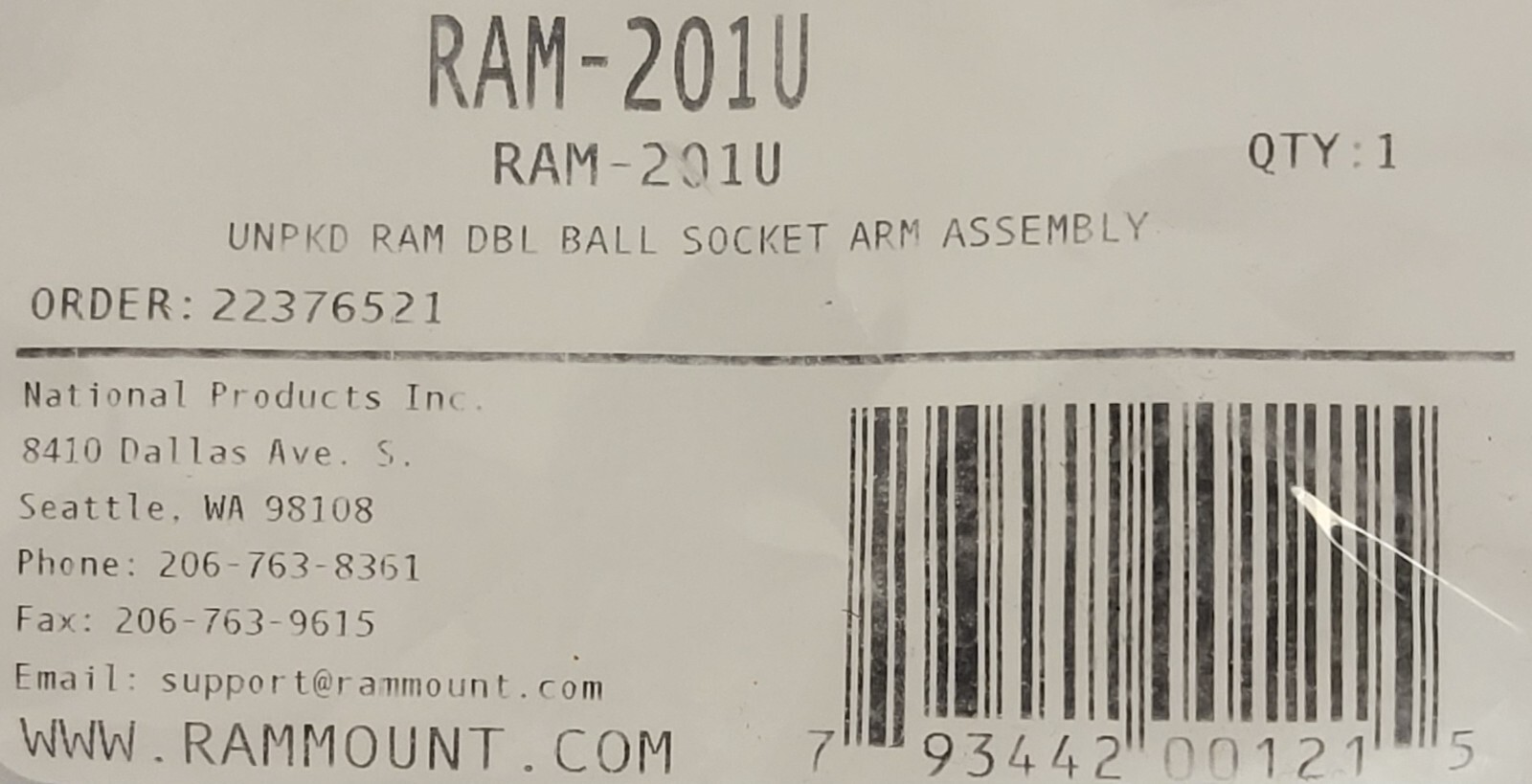 Ram RAM-201U Medium Aluminum Double Socket Arm for 1.5" RAM "C" Size Ball Mounts