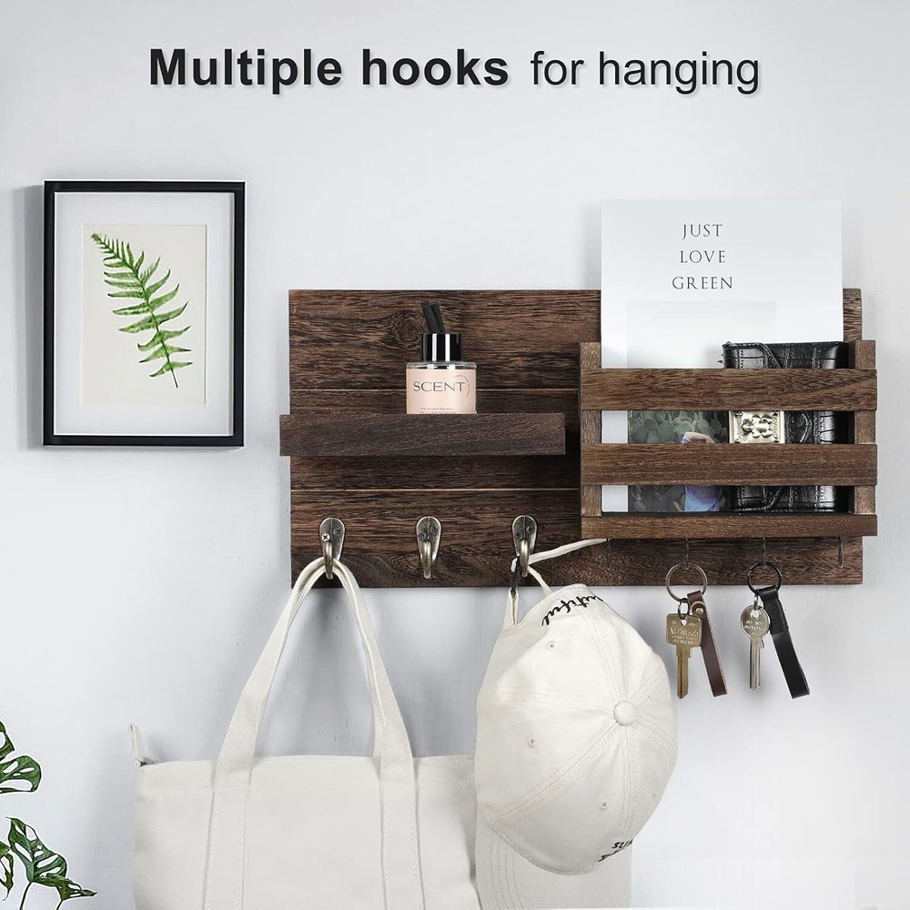 Rustic Wall-Mounted Mail Organizer & Key Holder with 7 Hooks – Easy Install