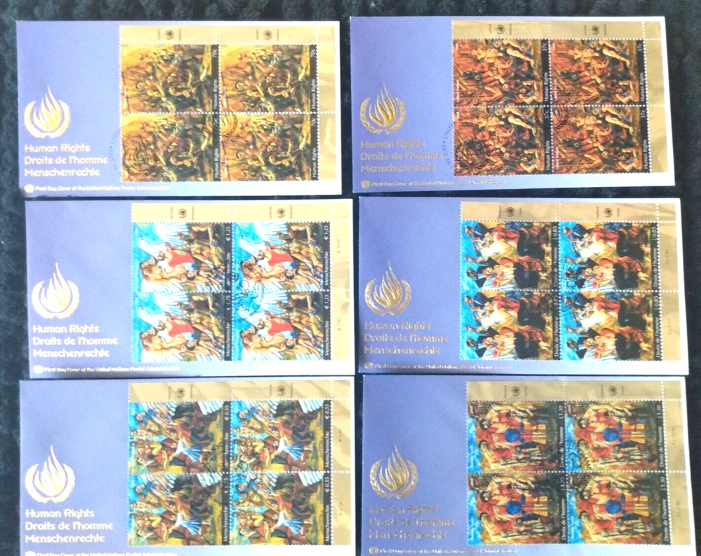 HUMAN RIGHTS 2004 ARTWORK MI4s COMPLETE SET 6 UNITED NATIONS FDCS UNADDR