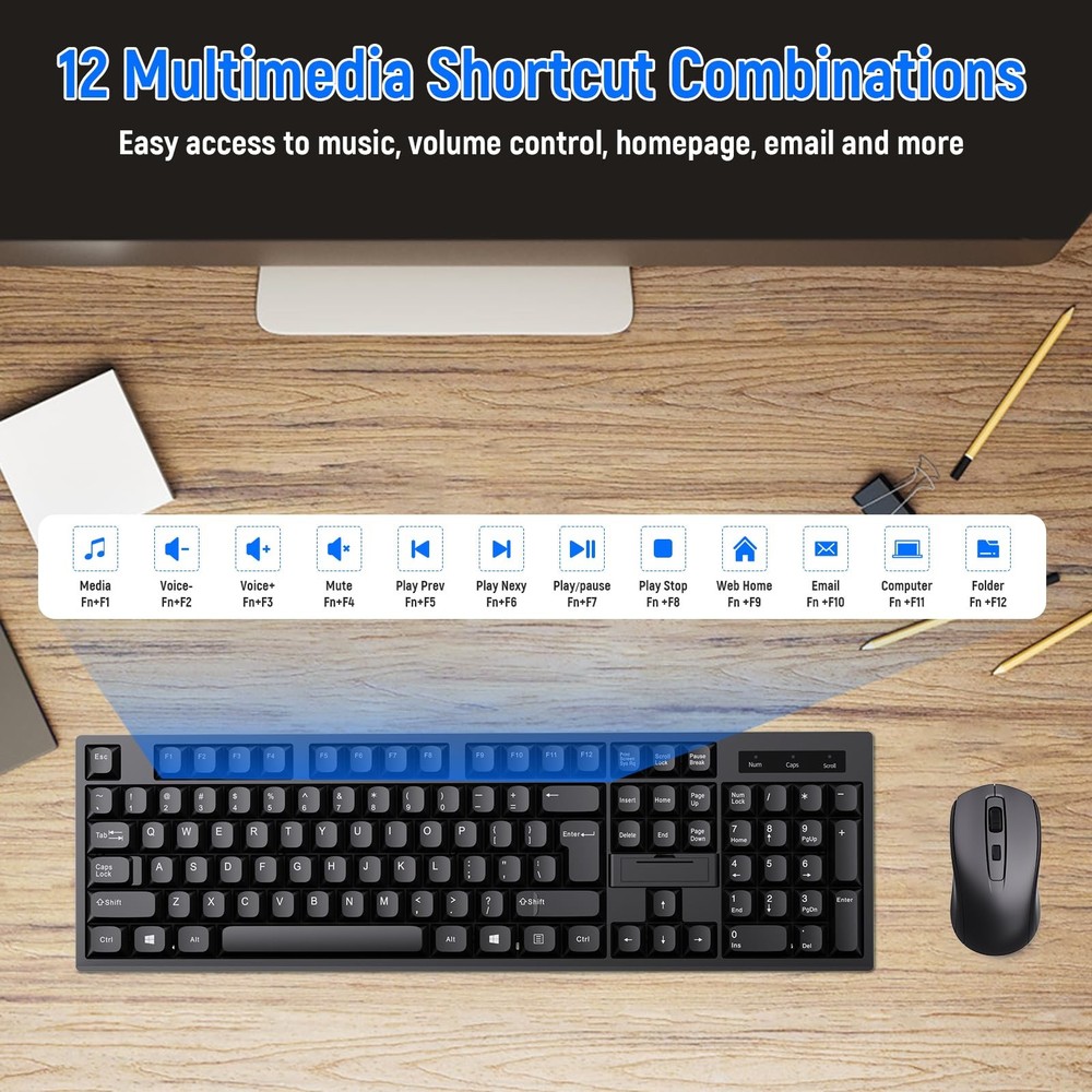 Full Size Ergonomic Wireless Keyboard Mouse Combo 2.4G USB-A Type-C Receiver
