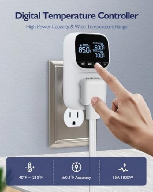 Digital Temperature Controller, Heating & Cooling Thermostat Plug Outlet, White