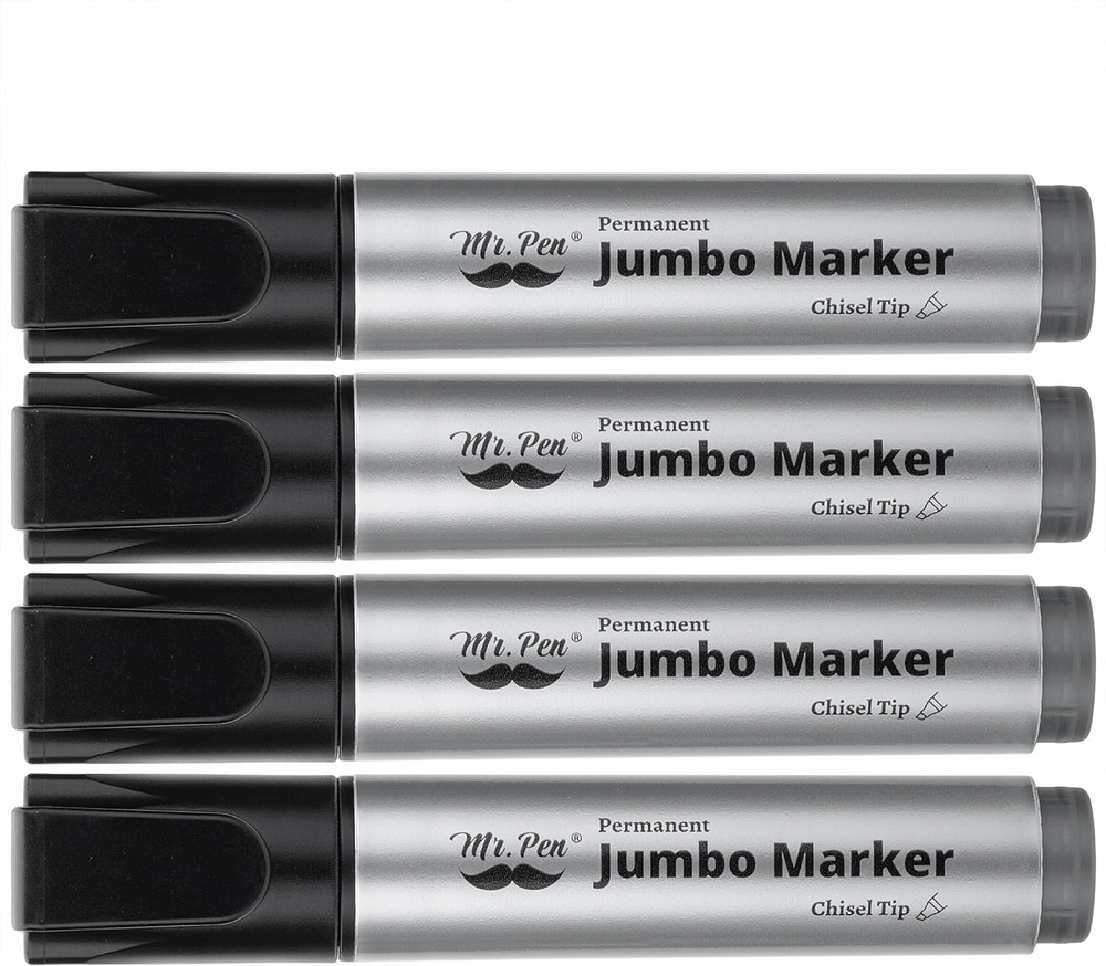 Jumbo Permanent Markers 4 Pack Chisel Tip Black - Thick Wide Tip Large Size