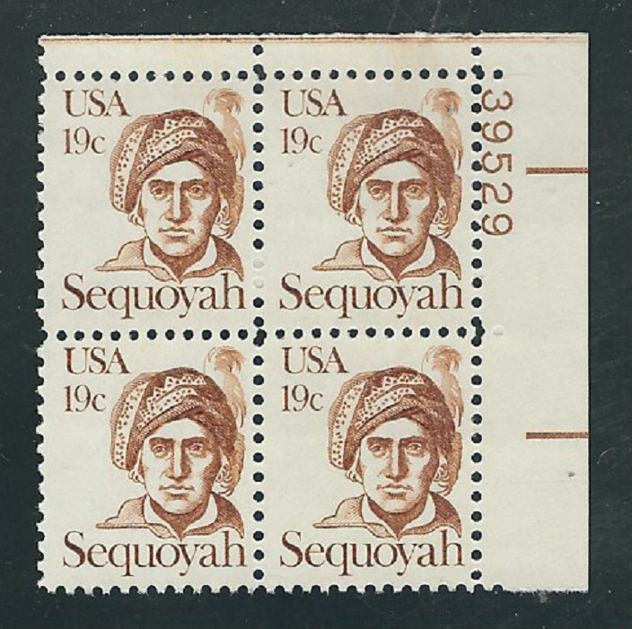 Scott # 1859...19 Cent ...Sequoyah...2 Plate Blocks