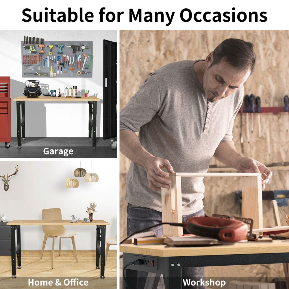 48" Worktable Adjustable Heavy-Duty Steel Frame Solid Rubberwood Tabletop Power